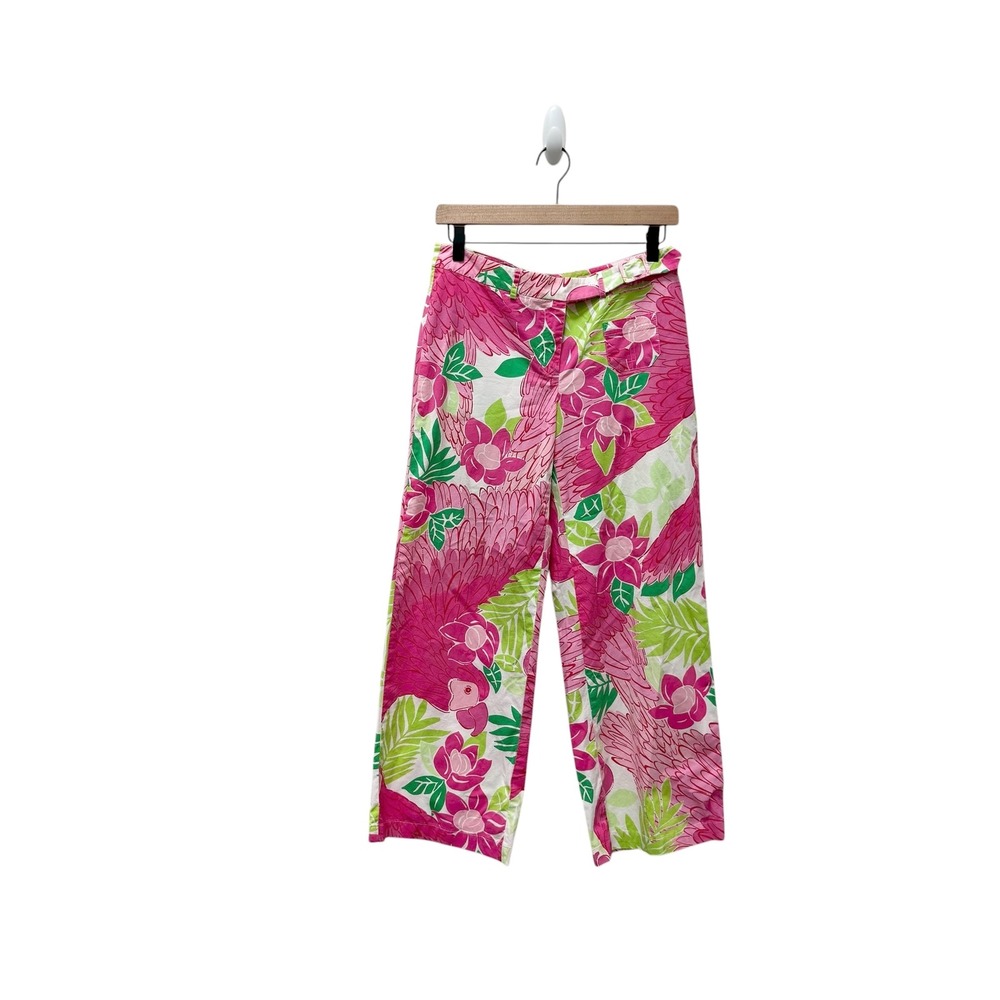 Vintage Lilly Pulitzer Bird Floral Print Wide Leg Cropped Pants Women Size 6